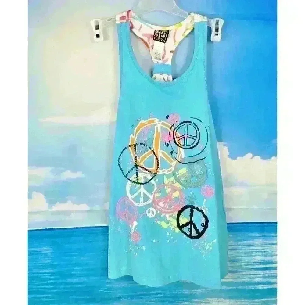 POGO CLUB Beach Cover HIPPIE BOHO Tank Top Racerback TEAL Peace Signs Lg 14/16
